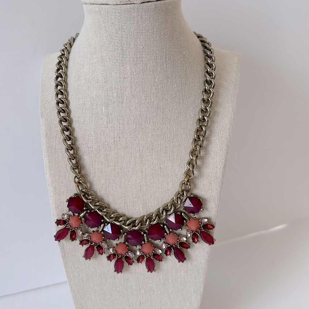 Vintage Costume Choker Necklace Red Pink Burgundy Stones Heavy Gold Tone Chain